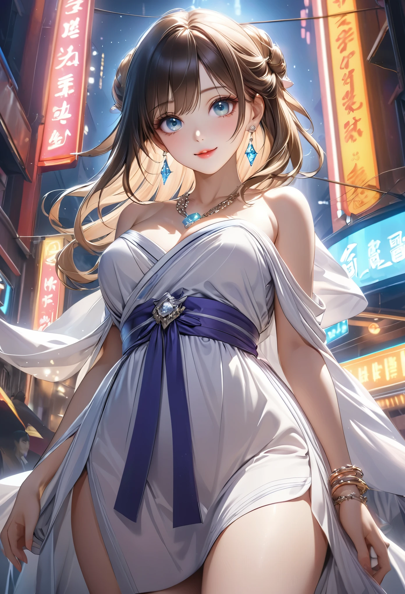 elaborate Hanfu, ((whole body)), ((from below)), ((gufeng,bare shoulders)), clear face, pretty face, 8k, masterpiece, original photo, best quality, detail:1.2,lifelike, detail, Very detailed, CG, Unite, wallpaper, depth of field, movie light, lens flare, Ray tracing, (extremely beautiful face, beautiful lips, beautiful eyes), Complex, detail face, ((ultra detailed skin)), 1 girl, in the darkness, deep shadow, beautiful korean girl, kpop idol,(Very slim figure:1.3), plump breasts, Slender sexy legs, elegant posture, (bright smile), (City night, (neon lights), (night), beautiful korean girl, white diamond earrings, diameter bracelet, Dia Necklace, clear eyes, facing forward, (big eyes)