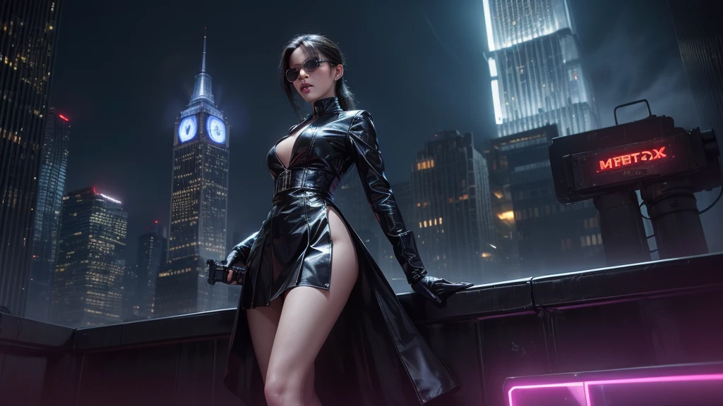 (Wide angle view). Matrix film inspired 1937 New York city, simple outlined neon tall buildings, glowing giant clock tower, cars, lightning, 3D rendering Beeple, Matrix-like glowing cascading code. At night, (1girl, solo, alone), photorealistic, medium-breast slim:0.6 body, oval:0.5 face, cleavage:1.1, sexy costume with deep-v, very low angle view of pleated miniskirt, white laced panty, ((upskirt)), glove, (Matrix style black micro sunglasses), ((aiming viewer with a short gun)), (half-body thigh level close-up shot), cinematic lighting, ray tracing.