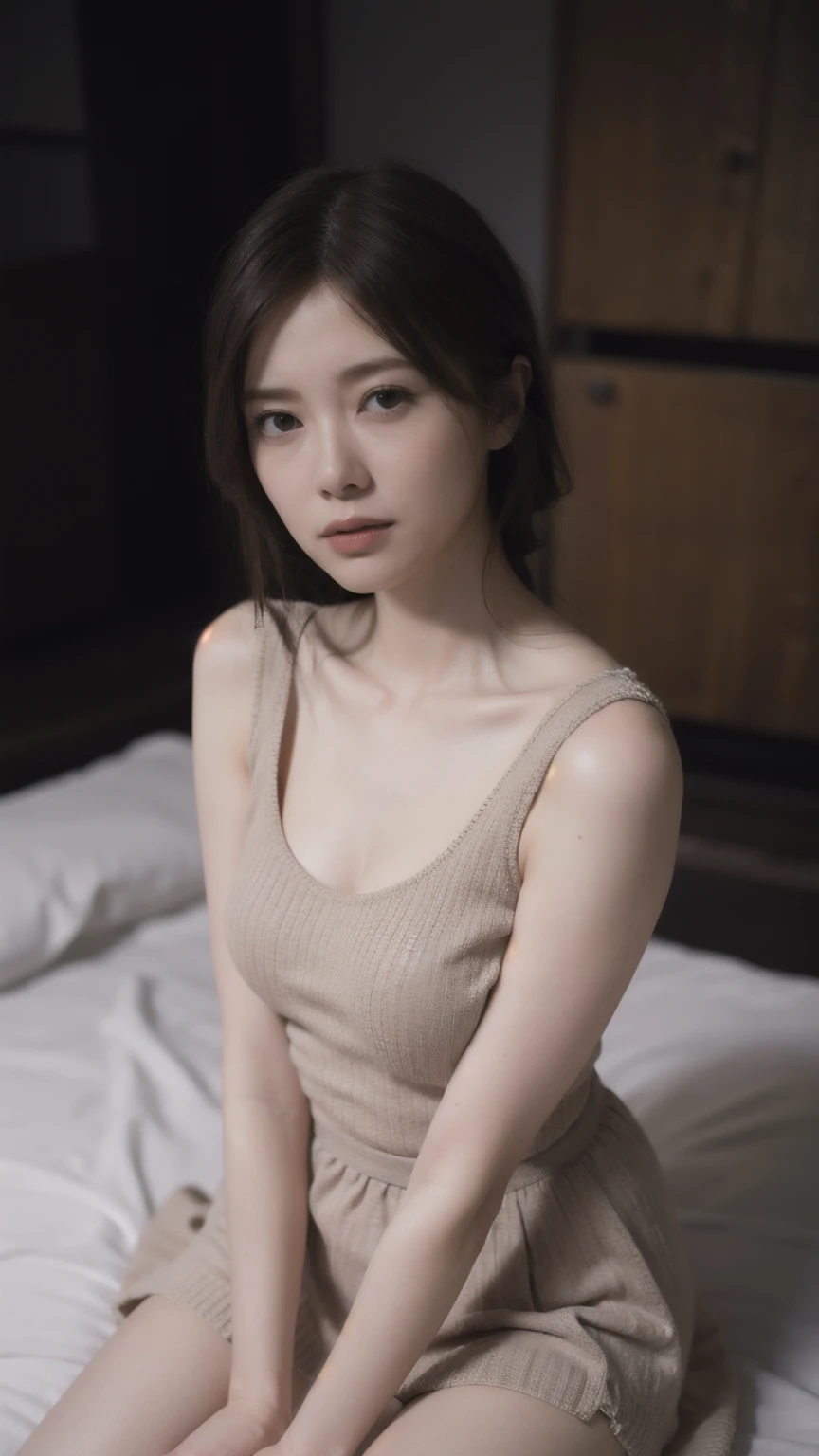 1girl, woman, masterpiece, best quality, highest quality, cinematic lighting, (volumetric lighting), extremely detailed CG unity 8k wallpaper, focused, 8k wallpaper, extremely detailed, ultra realistic, photorealistic, sharp focus, absurdres, (HDR:1.2), (high contrast), photograph, detailed and intricate, instagram, portrait, highly detailed, digital painting, artstation, concept art, smooth, sharp focus, illustration, cinematic lighting, (natural big breast), ((medium shoulder)), (skinny legs), (slender body), (((height 163cm))), (HQ skin:1.4), (((aerial shot photo))), (wearing knit tank top, short skirt), ((there is a woman sitting on a bed and looking at the viewer))