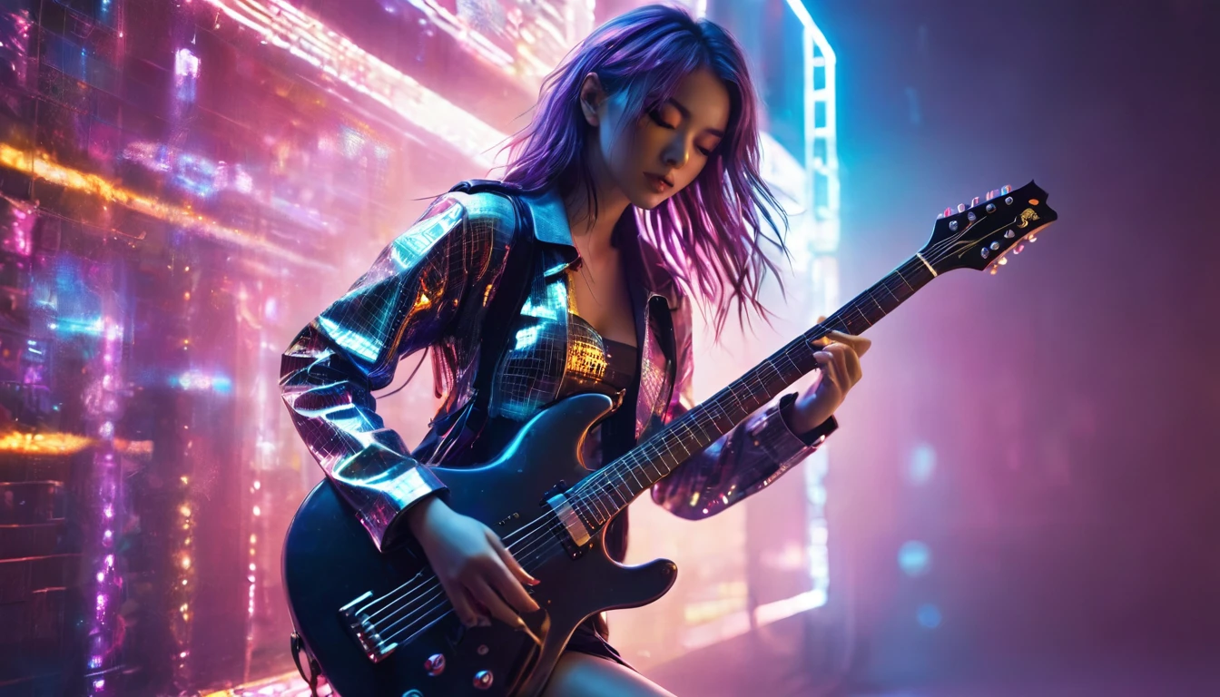 1 girl,beautiful,cyberpunk style,Bling Bling Bling Bling,motion blur,strumming the guitar,Cinematic lighting effects