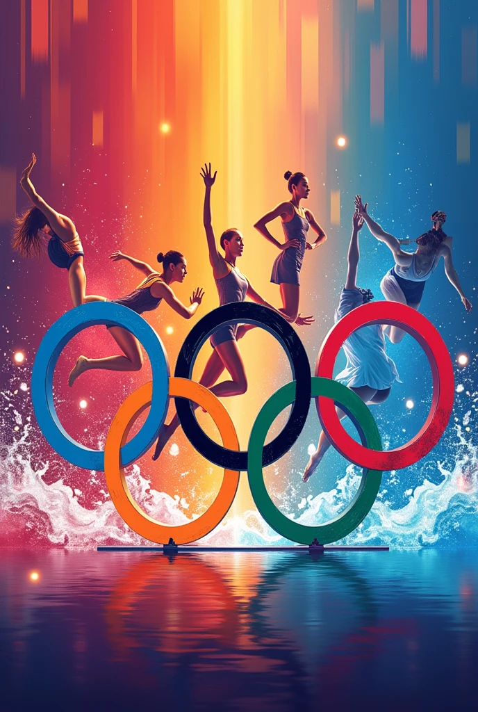 Modern Olympic Symbolism: A vibrant image showing the evolution of the Olympics, with the iconic Olympic rings in the foreground. Behind the rings, there are abstract representations of different Olympic sports like gymnastics, swimming, and running, symbolizing the diversity and growth of the Games over time.