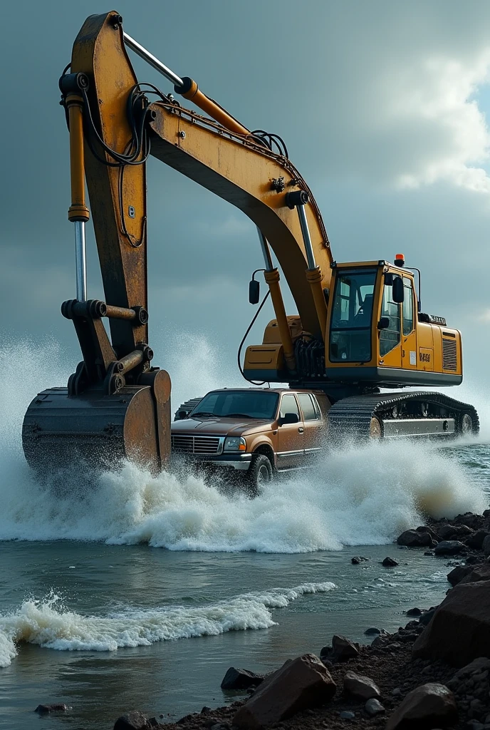 excavator Save Car in Heavy Sea Flood
