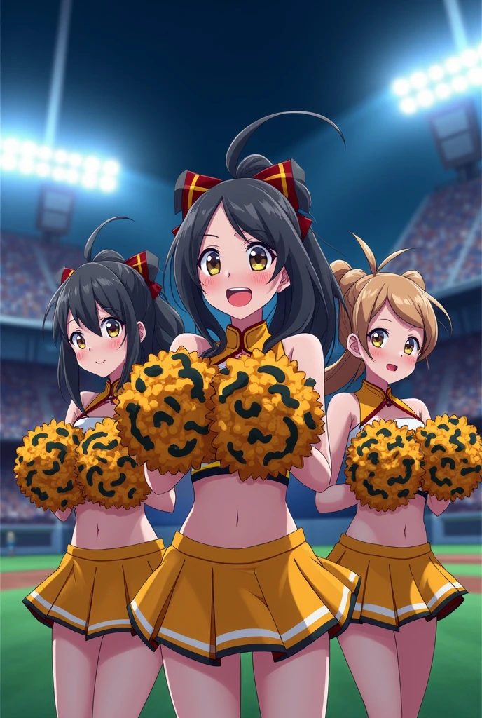 Fullbody,tremble thigh,frill skirt,Wet,dildo_Under_Cloth:1.5,Bigboobs,uni form(yellow),group shot:1.7,baseball,baseball stadium,Panty drop:1.5,Clothing with tiger printed on it,ponytail,cheerleader, stadium, team spirit, pom-poms, enthusiastic, energetic, crowd, uniform, sports event, cheering, colorful, dynamic pose, happy, vibrant, teamwork, celebration, night game, lights, action