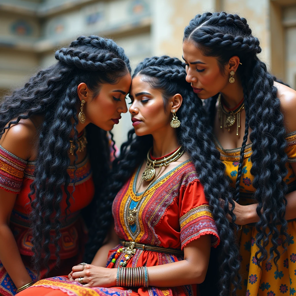 An unusual yet intriguing scene unfolds within the sacred precincts of an ancient Mayan temple. Three Mexican Mayan ladies, each at a different stage of life—youth, maturity, and elderliness—are adorned in vibrant, traditional Mayan dresses that contrast strikingly with the dark, mystical backdrop. Their hair, an extraordinary spectacle, is styled into unnaturally black cornrowed braids that coil and twist like springs. Each braid, meticulously crafted and oiled to perfection, gleams with an almost surreal sheen. The braids, saturated with an unimaginable amount of oil, resemble wet pulp that absorbs and reflects light, enhancing their visual impact.
The lady in the center, kneeling gracefully, is the focal point of the scene. Her hair cascades down her back in a mesmerizing display of glossy, coiled perfection, reflecting light like a sea of black mirrors. The other two ladies, equally adorned with oil-soaked, intricately braided hair, lean over her. With faces expressing a blend of reverence and indulgence, they engage in a deeply intimate ritual. They lick and kiss her scalp with their tongues, savoring the taste of the oil and the texture of her hair. Their faces are full of the taste of the oil, their expressions a mix of enjoyment and devotion as they explore the sensory experience.
The act of licking and kissing her hair is not merely a grooming ritual but a profound expression of adoration and connection licking hairs with toungues out is making highly active sexual. The thick, curly locks of each lady bounce and sway with every tender caress, creating a rhythmic dance of texture and sheen. The scene is imbued with a sense of sacredness, as if the act itself is a form of divine invocation. Each curl and braid serves as a testament to nature’s boundless creativity, while the trio’s shared ritual speaks to a deep-rooted bond of sisterhood and the mysterious powers of feminine unity. The image captures a moment that is both