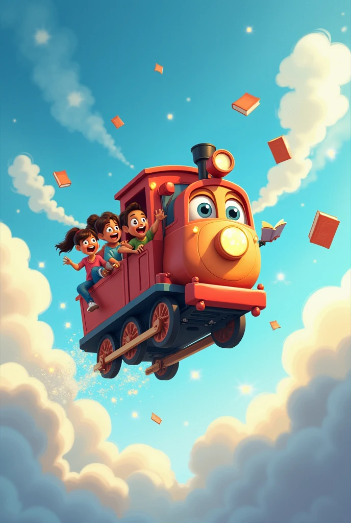 A small cartoon train carrying books and children flies through the clouds to school.