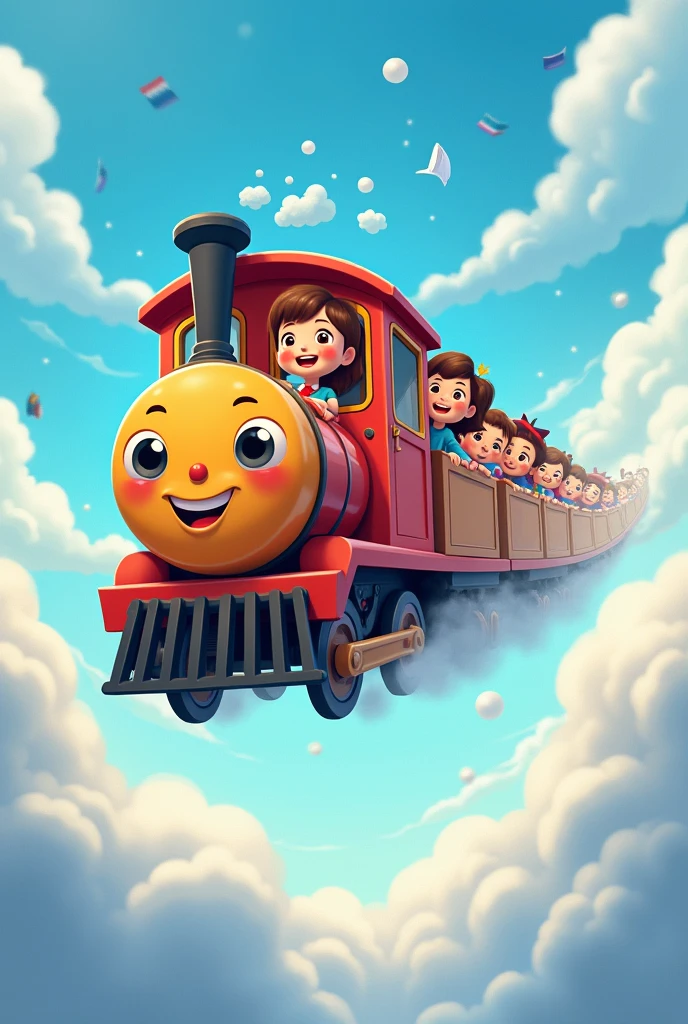 A small cartoon train carrying books and children flies through the clouds to school.