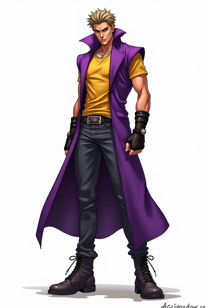 JJBA style, full body image, masterpiece, ultra-detailed, purple sleeveless trench coat, man, leather wristbands, White background, Tactical Boots, shirt #ffba00, hirohiko araki outfit style, jojo pose