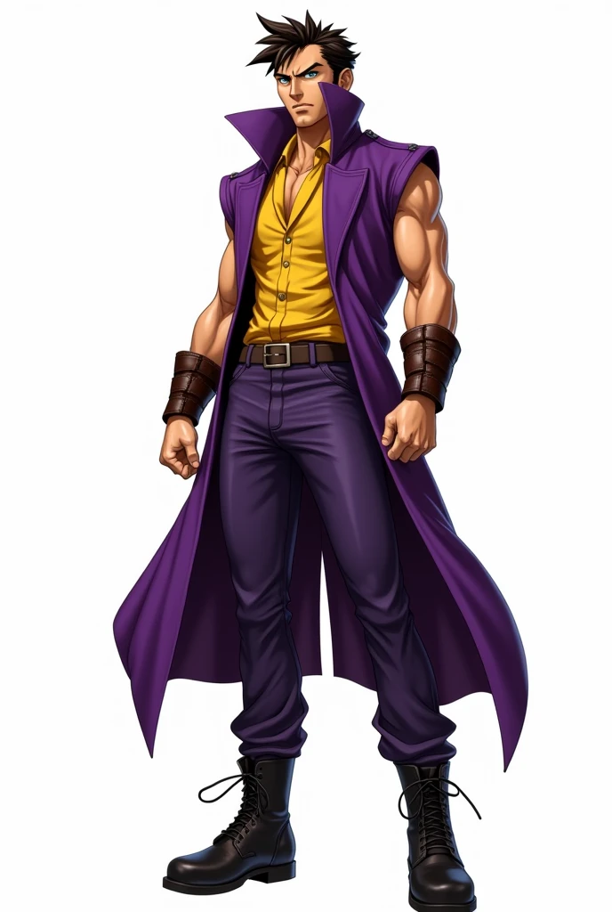 JJBA style, full body image, masterpiece, ultra-detailed, purple sleeveless trench coat, man, leather wristbands, White background, Tactical Boots, shirt #ffba00, hirohiko araki outfit style, jojo pose