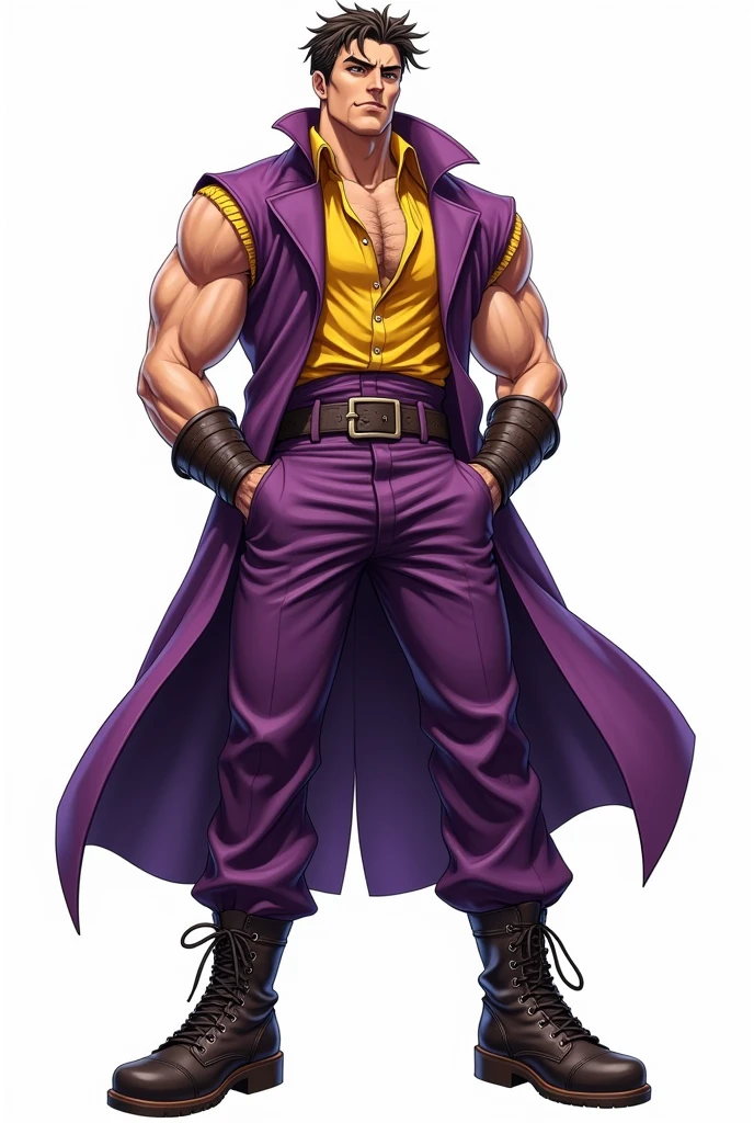 JJBA style, full body image, masterpiece, ultra-detailed, purple sleeveless trench coat, man, leather wristbands, White background, Tactical Boots, shirt #ffba00, hirohiko araki outfit style, jojo pose