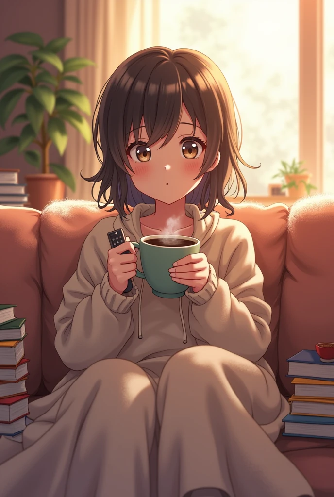 Create an anime-style image of a workaholic girl lounging on her cozy couch, wrapped in a soft blanket. She’s holding a cup of coffee with one hand and a TV remote with the other, her hair slightly messy, and a content smile on her face as she watches her favorite show. The living room is filled with warm, soft lighting and scattered with books and snacks." Must be cutr looking girl 