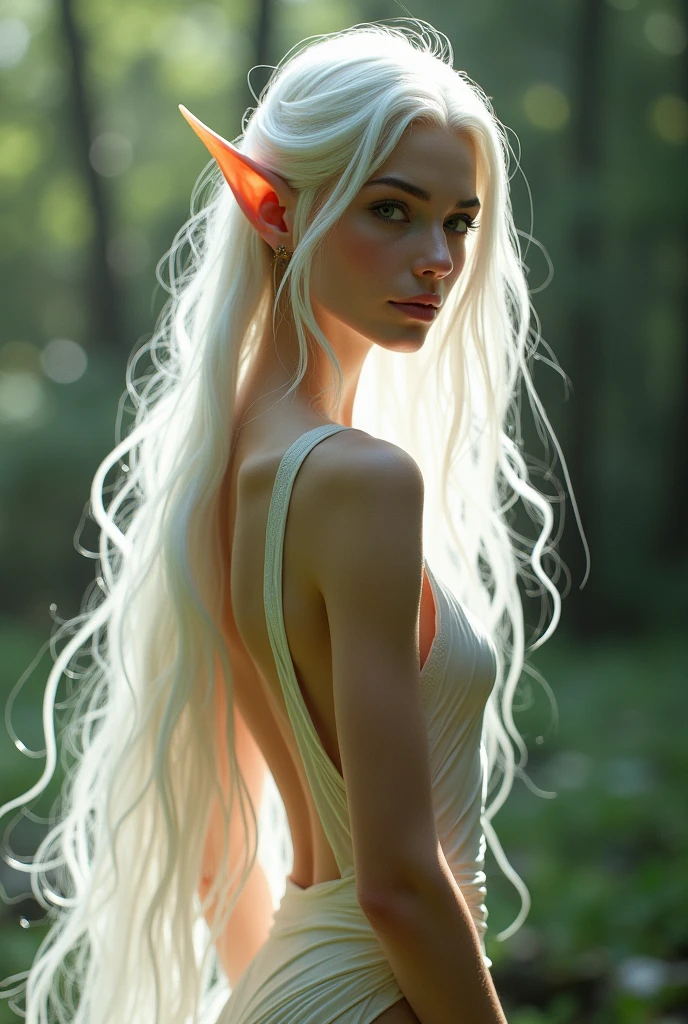 Elf woman, white hair, slim waist, very detailed full body, very realistic. Nude