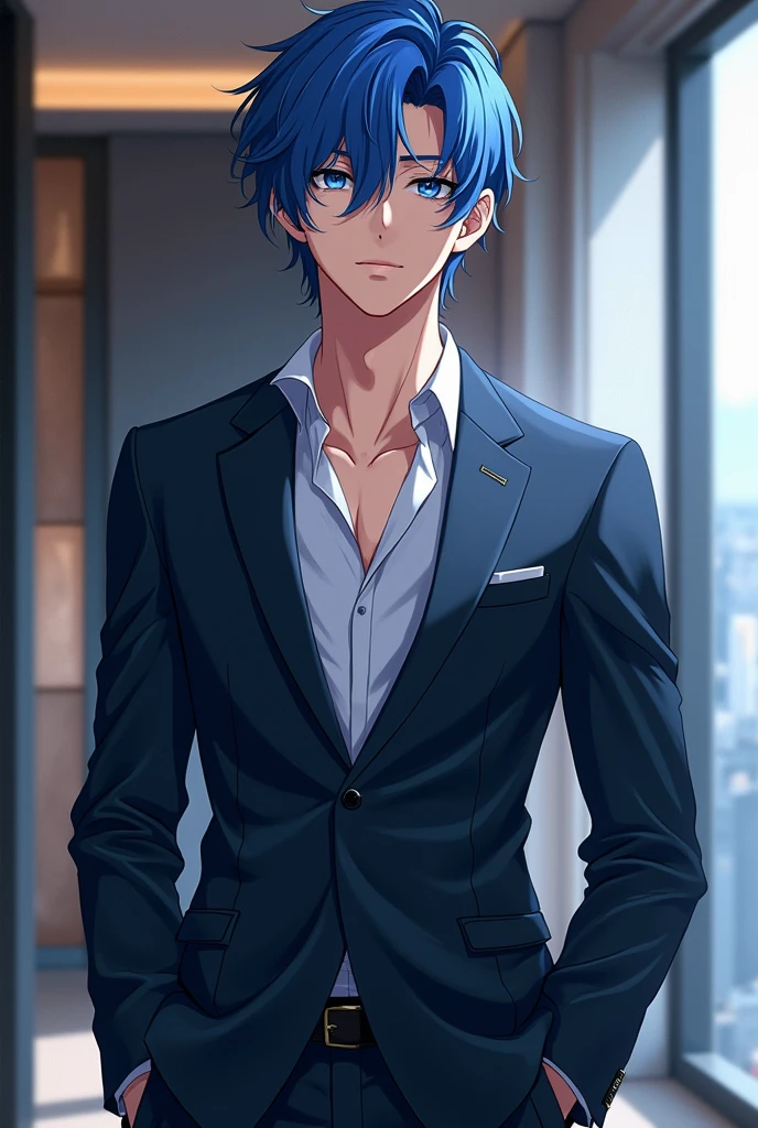 Generate an image of a confident man with piercing blue eyes, dressed in a stylish blue suit. He has dark, sleek hair and exudes an imposing aura. He's sitting on a two-seated red couch in a well-lit office. There are three rays of sunlight passing through the curtains, and he's engaged in a conversation with his accountant. The image should be in a 16:9 portrait format