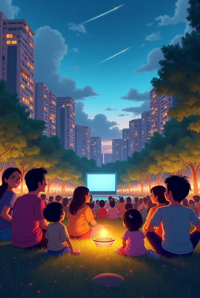 A group of parents, Indonesian teenagers and children watching a drive-in cinema with a cheerful atmosphere and a lively apartment background
