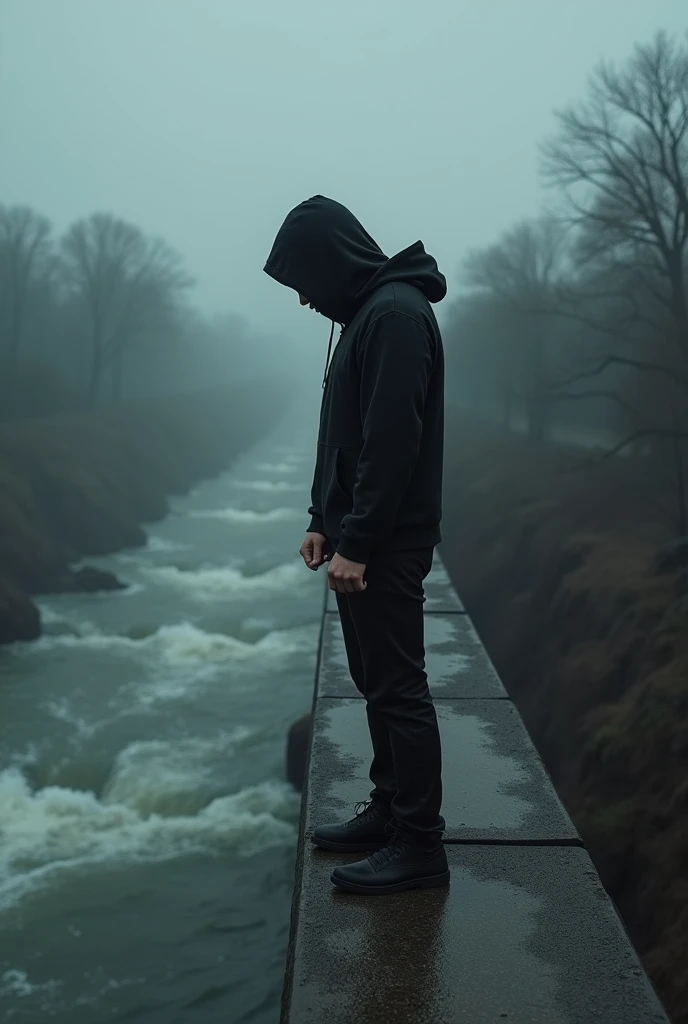 A man in black hoodie and black pants is just about to jump into the river from a bridge.