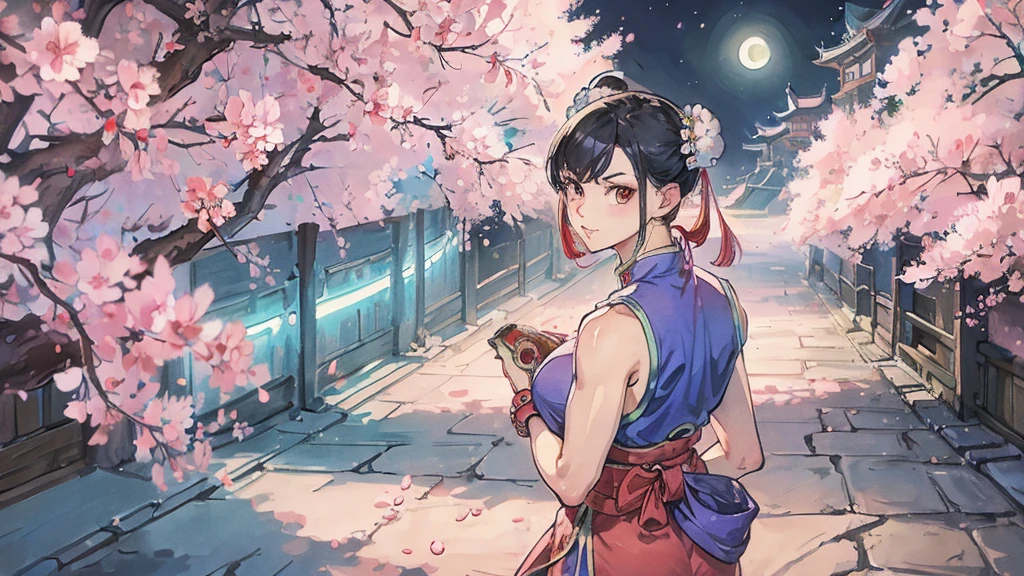 Street Fighter Chun-Li anime Cherry Blossoms at Night Looking Back moon China dress human 1 person Person big