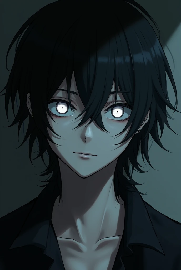 age man ,white with white eyes and long black hair like suguru geto,anime
