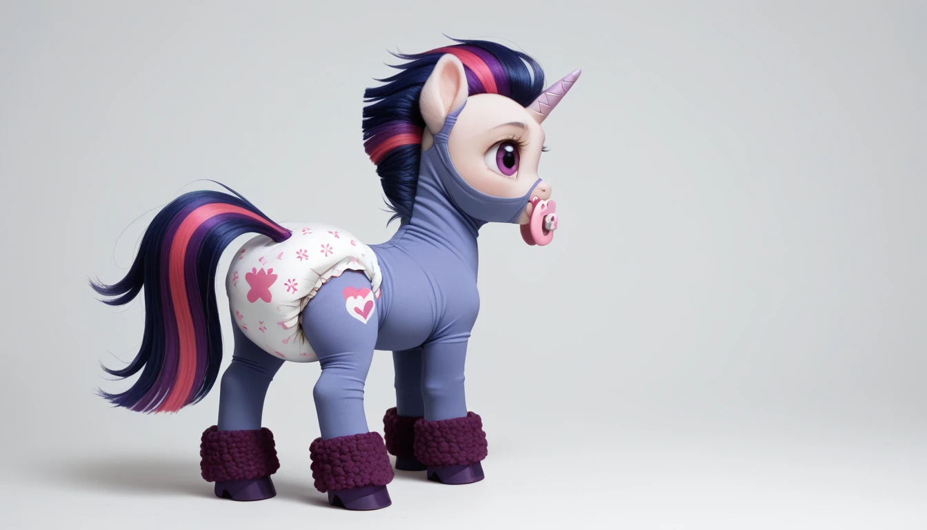 pony, Unicorn, purple wool, dark blue mane with purple streak and pink streak, the tail is dark blue with a purple strand and a pink strand, purple eyes, stands on four hooves, rear hooves spread wide apart, adult filly, dressed in a bodysuit and booties, pacifier in mouth, solo, thick diaper under clothes.