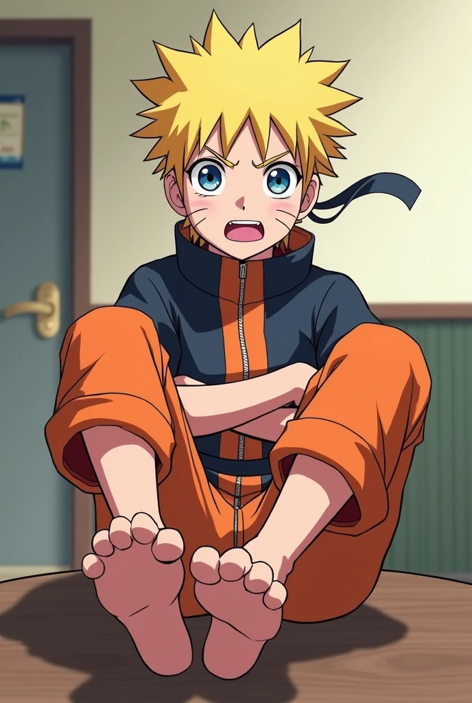 /flux 2D anime style of classic Naruto Uzumaki barefoot lifting his feet on table