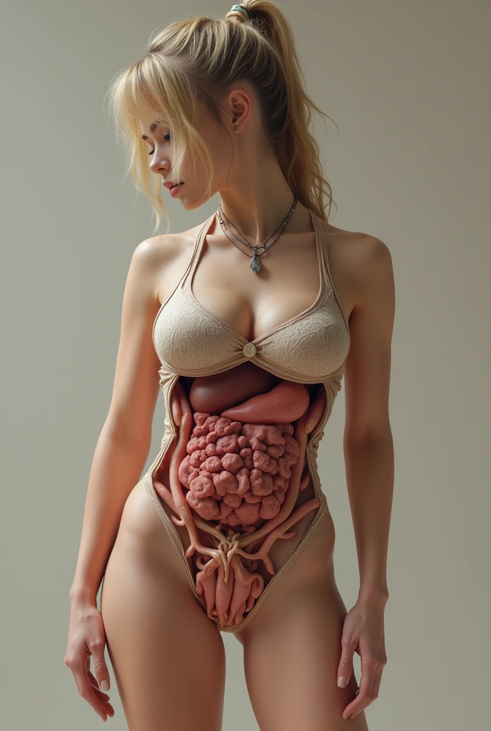 Generate a hyper realistic girl with big body parts and clothes are barely visible with some stretch marks and uncovoured biological parts. And reproductive system