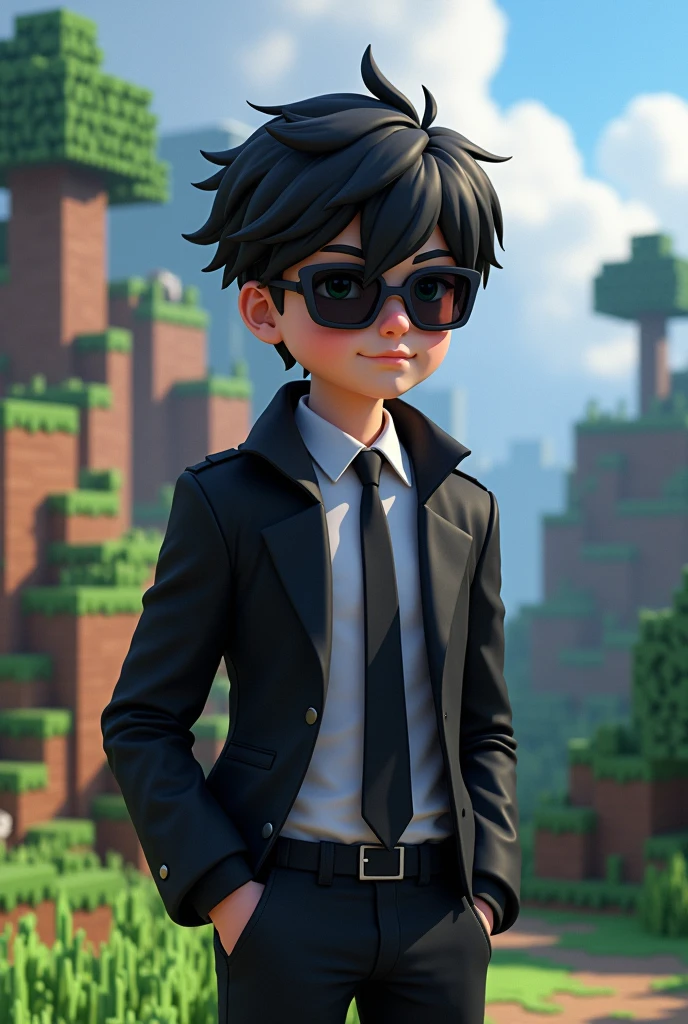 A boy wearing black jakat,a black sunglass,anime Type, black tai, mincraft theme,