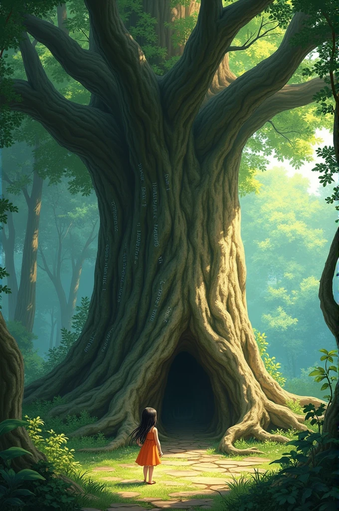 "A young girl with long, dark hair, wearing a simple, bright-colored dress, wanders through a dense, sunlit forest. She stumbles upon an ancient, large tree with thick roots and a broad trunk. The tree's bark is weathered, with faint, mysterious words etched into it. The scene captures the moment of discovery, with Asha looking up at the tree in awe, sunlight filtering through the leaves above."