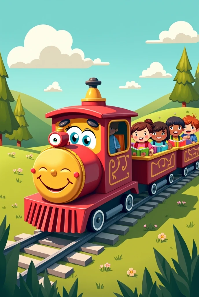 A small cartoon train carrying books and children to school.