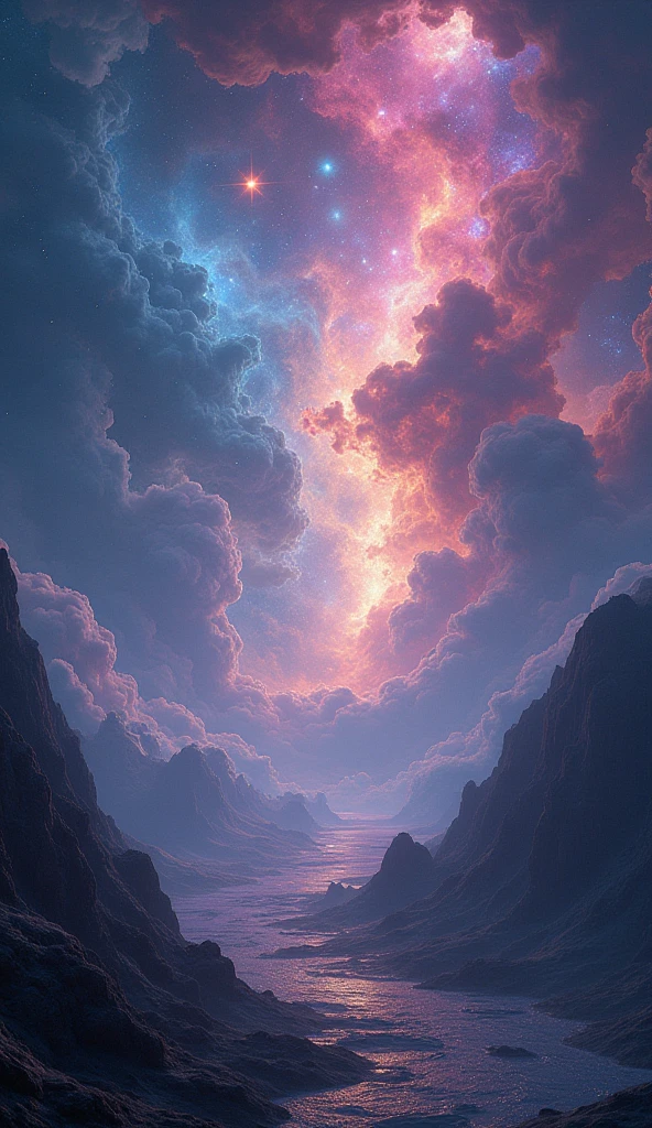A surreal cosmic landscape, ethereal nebulae, glowing celestial bodies, swirling galaxies, dramatic lighting, cinematic atmosphere, mystical and dreamlike, vibrant colors, intricate fractal patterns, imaginative and awe-inspiring, (best quality,4k,8k,highres,masterpiece:1.2),ultra-detailed,(realistic,photorealistic,photo-realistic:1.37),cinematic lighting, dramatic chiaroscuro, mesmerizing color palette, otherworldly and transcendent