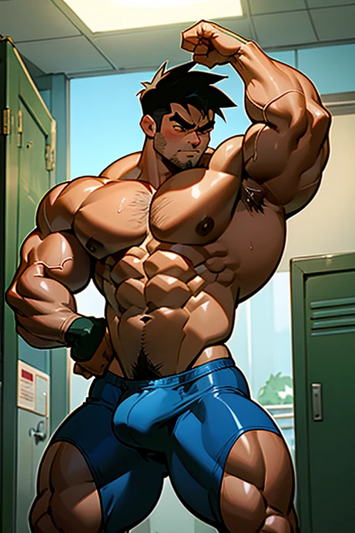 Danny Fenton from Danny Phantom animated series as a big dumb teenage muscular bodybuilder jock in a locker room flexing and staring blankly with mouth gaping open as his eyes glow under hypnosis as he repeats, "Bigger... Dumber.... Must obey.... More like a jock bro every day.... Yes, Coach. I obey. Huhuhuhuh.... Sweaty brutes must obey.... Sweaty brutes do what you say.... Big ... sweaty ... musky jock bro.... The muscles must grow. The old smarts must go.... Recruit the nerds and watch them grow. Make them like us, ... more big dumb jock bros. Huhuhuh.... We will grow. We will spread. We will make more dumb jocks.... We will grow... We will spread... We will make more dumb jocks.... We will grow. We will spread. We will make more dumb jocks.... Assimilate.... Grow.... Transform.... Become.... Convert.... Be a dumb jock...." in deep mindless emotionless voice with fellow hypnotized jocks to forget about catching ghosts and focus instead on training his body and obeying his coach. Mouth dropped open. Hyper swollen bulging crotch. Hyper muscles. Toned muscles. 5% body fat. Steam rising from armpits and shoulders. Big biceps. Big triceps. Broad shoulders. Big traps. Big lats. Big meaty pecs. Massive deltoids. Six-pack abs. Spherical glutes. Brainwashing. Hypnosis. Hypnotized. Bro. IQ drain. Dumber and dumber. Meathead. Musclehead. Mindless. Hypno. Mind control. Brain drain. Entranced. Brute. Brutification. Brain drain. brainwashed. brainwash. Meathead jock bro assimilation. Mindless. Brainless. Empty stare. Hairy pecs. Hairy armpits. Treasure trail.