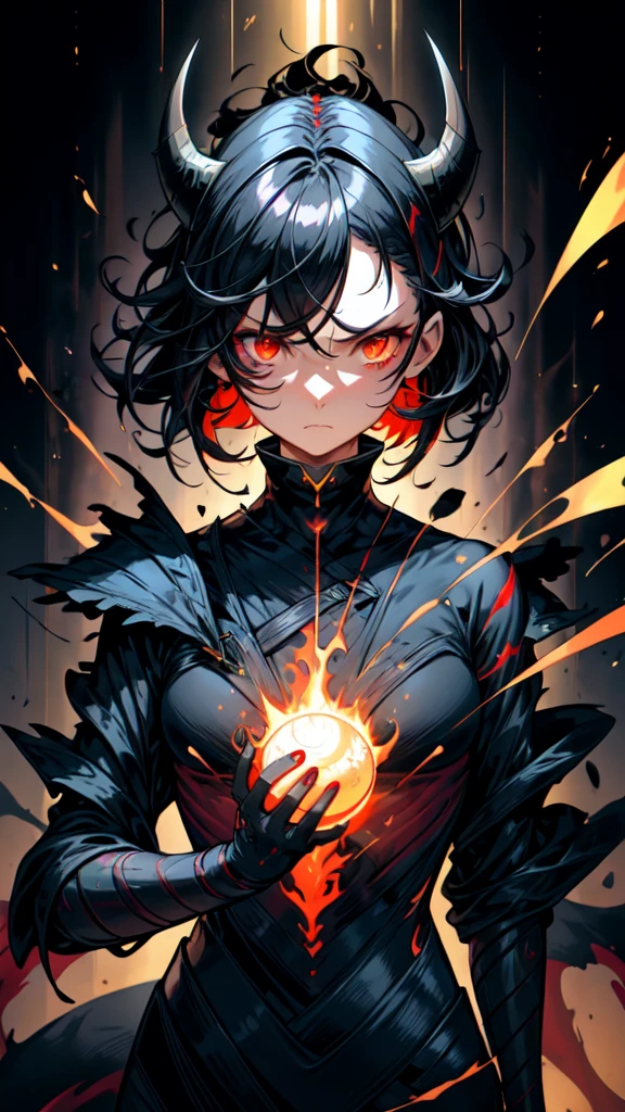 1girl, 2, serious face, sharp face, black short hair, messy hair, black dragon horn on her head, abbys, monster girl, red eye ball with black pupil, fire, blood, light particles, light rays, wallpaper, high contrast, colorful,