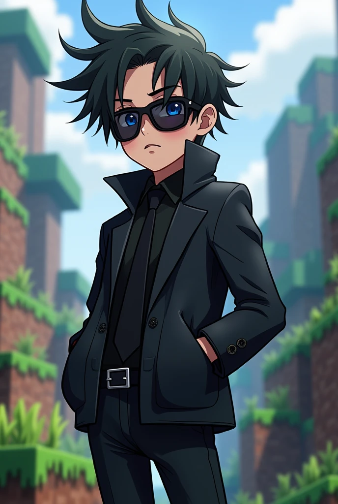 A boy wearing black jakat,a black sunglass,anime Type, black tai, mincraft theme,