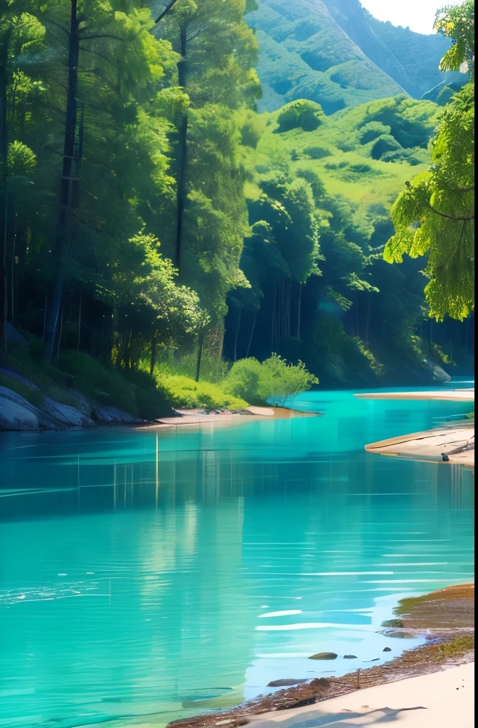 trees are growing near the water , a picture inspired by Li Keran, instagram, hurufiyya, turquoise water, blue and green water, blue waters, puddles of turquoise water, azure water, green waters, river with stunning water, clear blue water, beautiful lake, lake blue, very very beautiful scenery