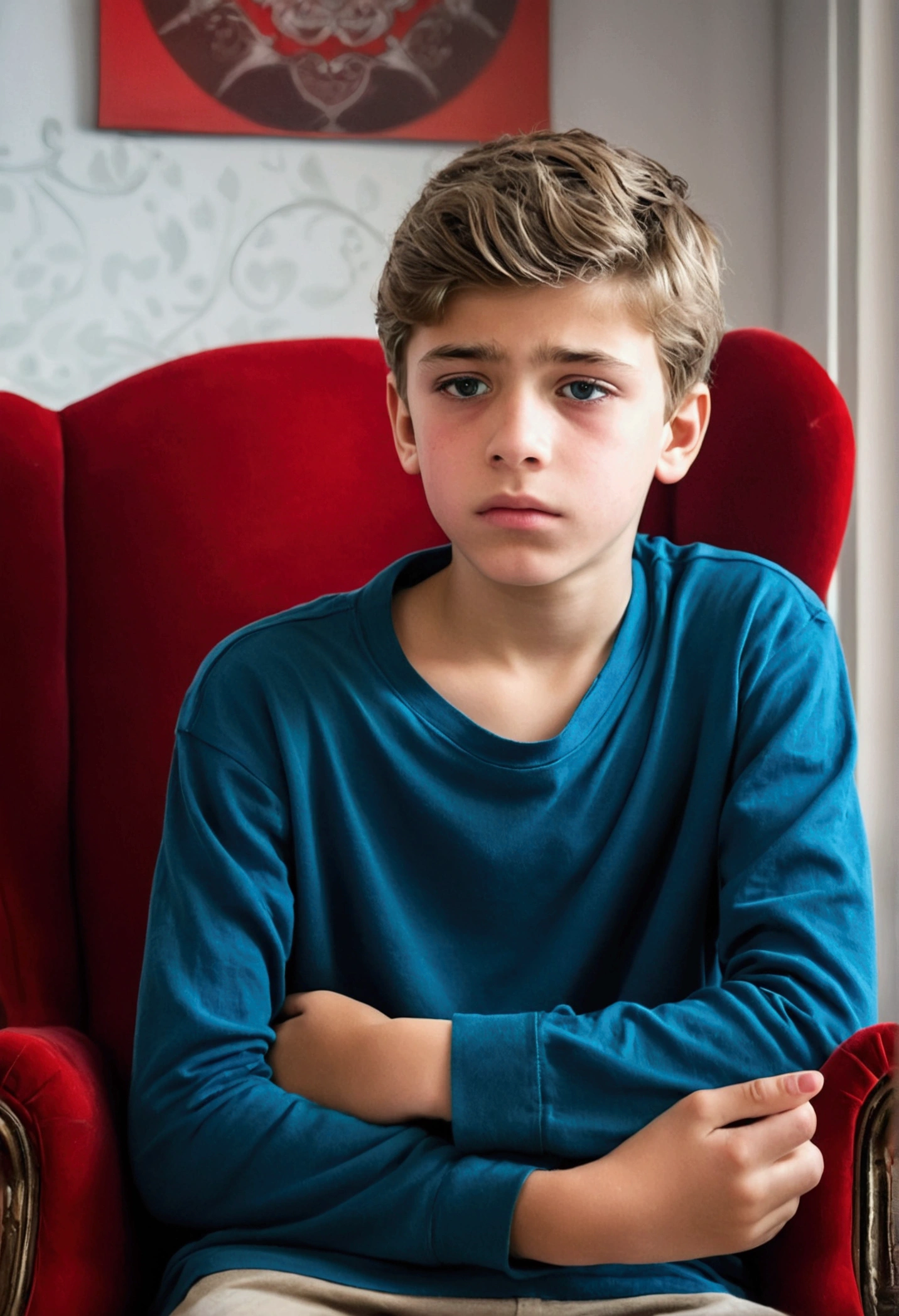 A beautiful and very sad boy, , overwhelmed by grief, with beautiful face, European traits, light eyes, the broken heart, without illusions, and with a lot of feeling, In his bedroom, sitting in an armchair.