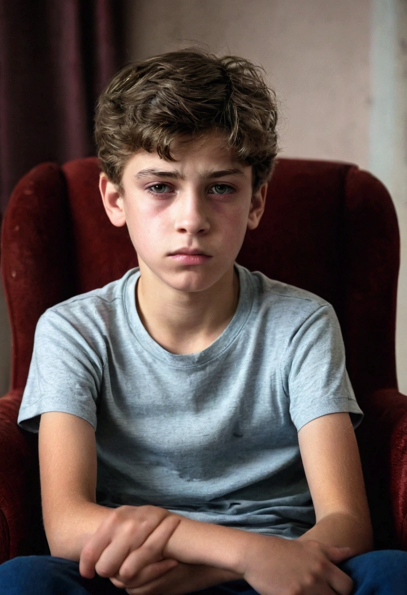 A beautiful and very sad boy, ,  overwhelmed by grief, with beautiful face, European traits, light eyes, the broken heart, without illusions, and with a lot of feeling, In his bedroom, sitting in an armchair.