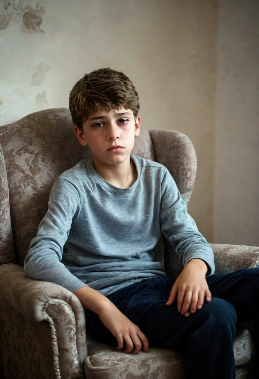 A beautiful and very sad boy, fourteen years old,  overwhelmed by grief, with beautiful face, European traits, light eyes, the broken heart, without illusions, and with a lot of feeling, In his bedroom, sitting in an armchair.