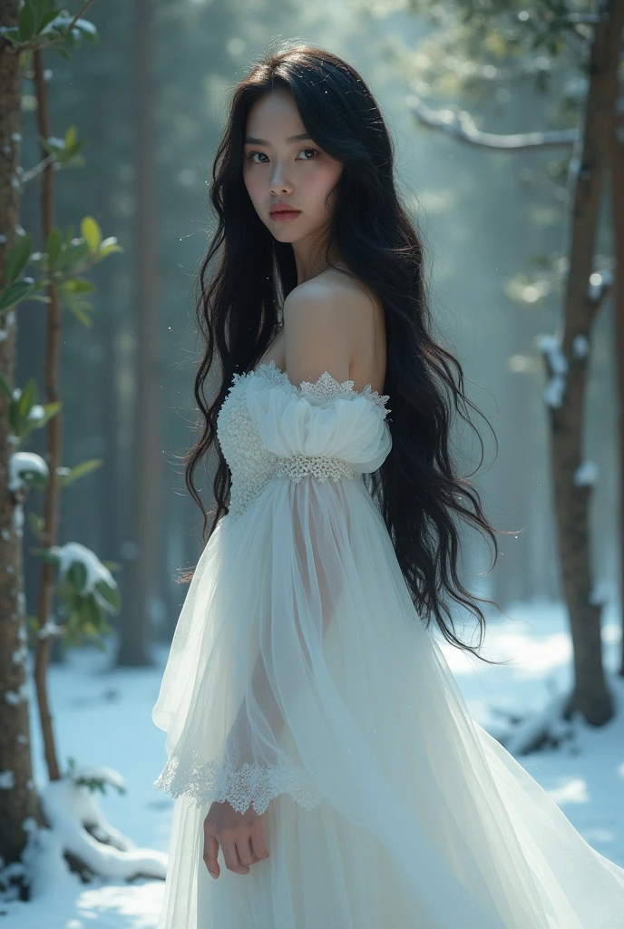 hyper-realistic, wide view, enchanting image of a beautiful young woman with long, flowing black hair, wearing an elegant, white snow dress. She stand gracefully in a mystical forest, surrounded by a snow, serene atmosphere. Trees around. The forest is filled with lush greenery, snow, and soft, ethereal light filtering through the trees. The woman's stand gentle expression.”