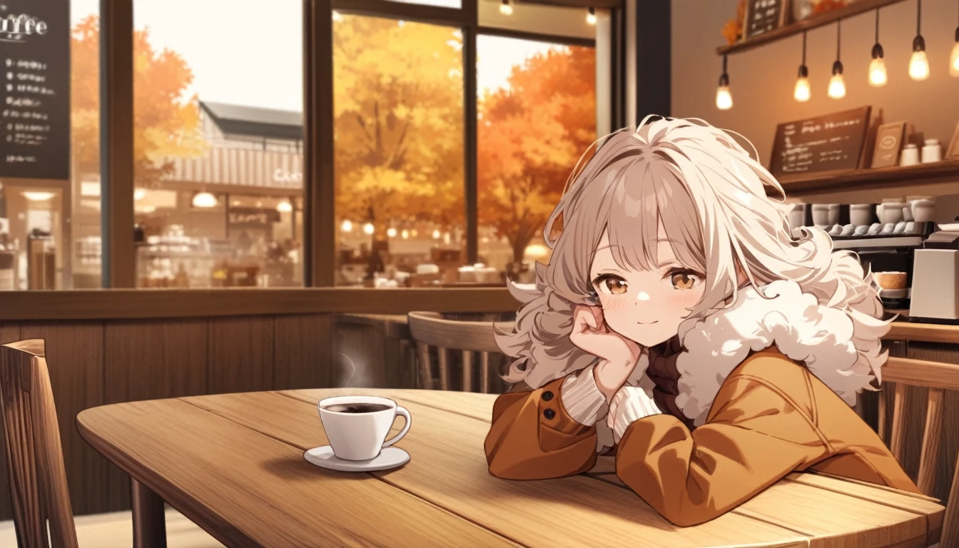 Highest quality,coffee shop, A cup of coffee is placed on the table.,girl,Fluffy hair,Autumn Clothes,A faint smile, Cozy and quaint background,Wooden furniture and warm colors