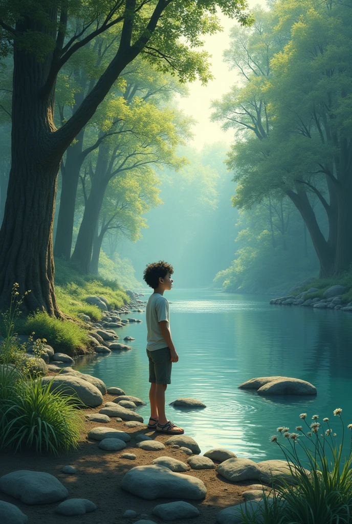One boy go to depression and background set is rever with some tree