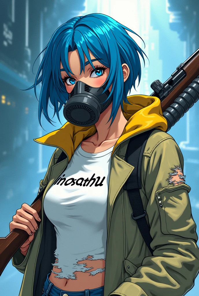 prompt: drawing style is like Akira Toriyama in Metal slug Arale , futuristic environment blue hair , gas or oxygen mask that covers the mouth and nose , The woman's style is like a dragon ball npc , The woman is wearing a coat with a yellow hood that covers part of her hair and is wearing a white t-shirt with the name Inoscachu written in black letters on the t-shirt. Torn clothing. A rifle on her back. Inoscachu written on the t-shirt. Correct the spelling. It is Inoscachu.