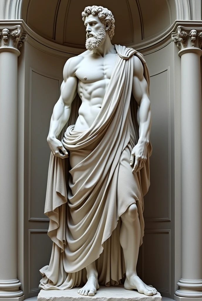 "Transform your concept into an incredible image made entirely of marble: a strong and stoic man, inspired by the Stoic era. His features are striking and classic, with a focused expression that conveys wisdom. He is wearing a Roman toga, showing off his muscles, with Roman architectural elements in the background, creating an imposing and timeless image, highlighting his strength and serenity."