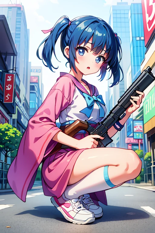 Highest quality、Ultra HD、One Woman、(Blue hair twintails 1.3)、(Pink Sailor Suit 1.3)、(Pink Ribbon)、(White sneakers 1.1)、((Baby Face))、((With a gun in each hand.5))、(Japanese Idol Faces 1.2)、(White over-the-knee socks 1.2)、thin、Small breasts、(Daytime city background 1.2)、((Clear and beautiful touch))、(Two Asian Women)