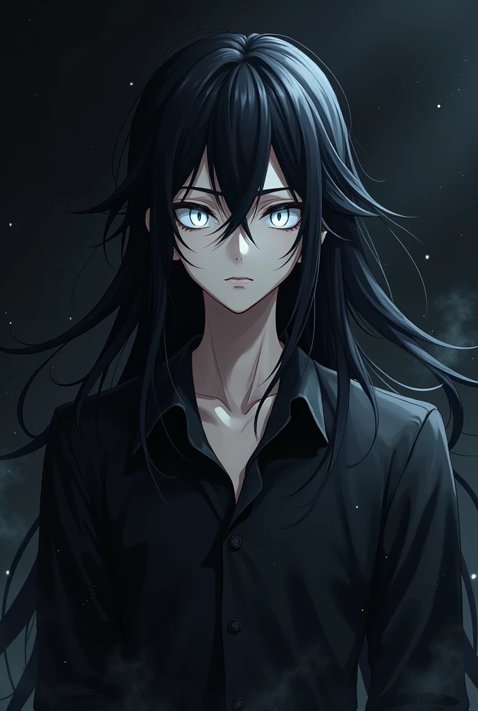 White teenage male with white eyes and long black hair like suguru geto, anime