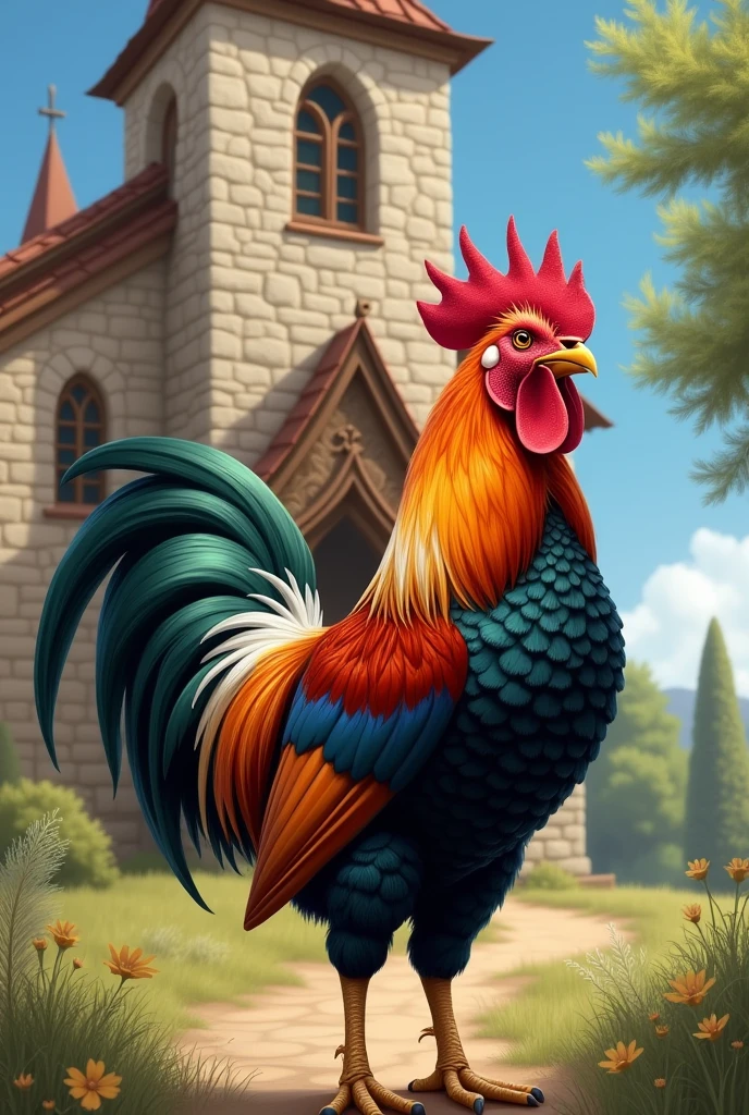 A petted rooster outside a church