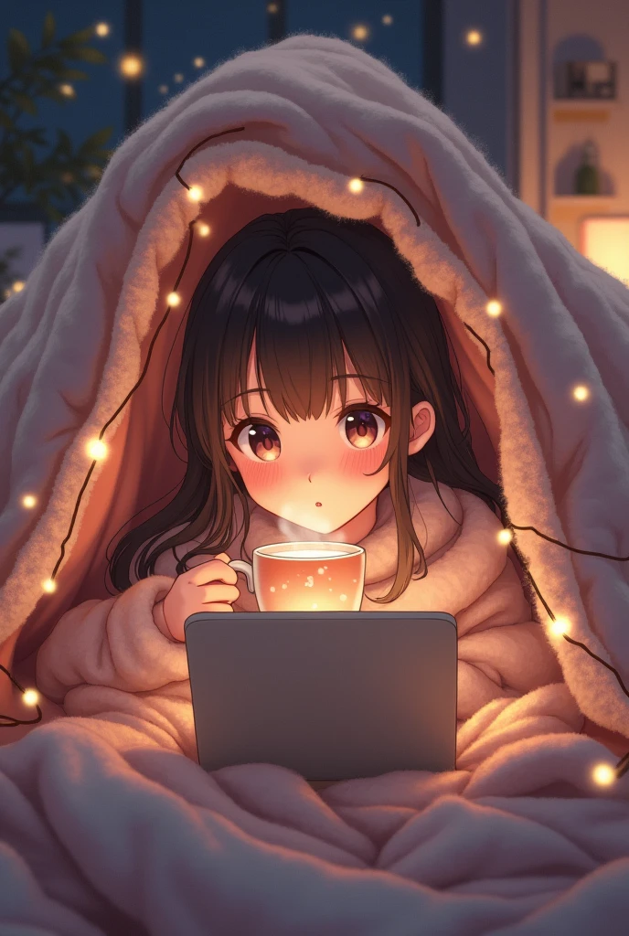 Create an anime-style image of a cute woman spending a lazy day inside a blanket fort she built in her living room. She’s cozily snuggled up with pillows, wearing an oversized sweater, with only her eyes peeking out from the blanket. She’s holding a hot chocolate mug, surrounded by soft lights and watching a feel-good movie on her laptop."
