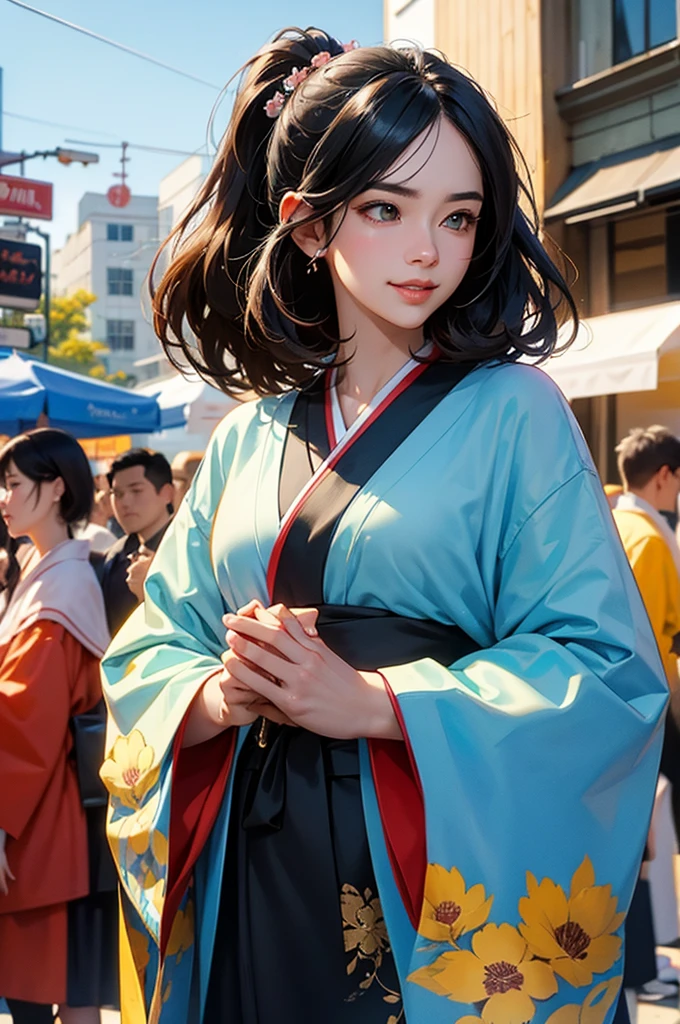 anime style, super fine illustration, highly detailed, dynamic angle, beautiful detailed, 8k, On a summer afternoon under the blazing sun in a city street, BREAK a Bust-up of a beautiful black-haired woman in a kimono smiling is enjoying a cold gelato. BREAK Her skin shimmers in the sunlight, making her stand out in the vibrant and joyful scene.