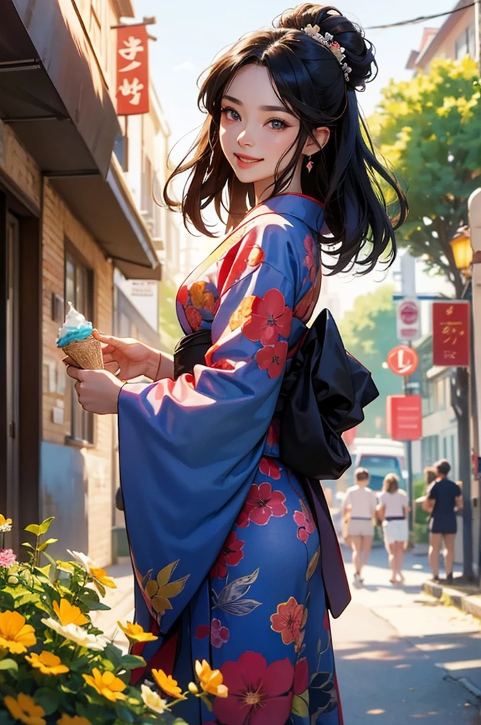 anime style, super fine illustration, highly detailed, dynamic angle, beautiful detailed, 8k, On a summer afternoon under the blazing sun in a city street, BREAK a Bust-up of a beautiful black-haired woman in a kimono smiling is enjoying a cold gelato. BREAK Her skin shimmers in the sunlight, making her stand out in the vibrant and joyful scene.