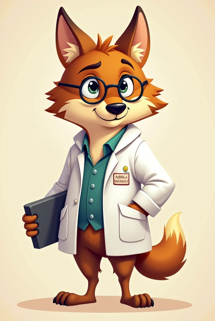 a full body brown scientist wolf, cartoon
