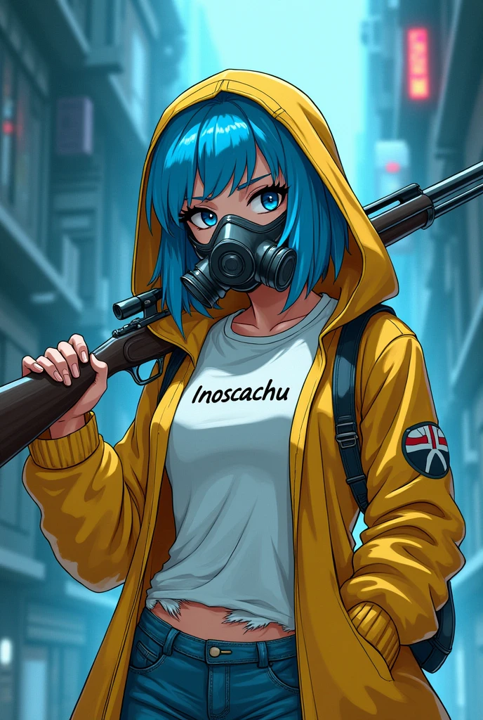 prompt: drawing style is like Akira Toriyama in Metal slug Arale , futuristic environment blue hair , gas or oxygen mask that covers the mouth and nose , The woman's style is like a dragon ball npc , The woman wears a coat with a yellow hood that covers part of her hair and wears a white t-shirt with the name Inoscachu written in black letters on the t-shirt. Torn clothing. A rifle on her back. Inoscachu written on the t-shirt. Correct the spelling. It is Inoscachu without spelling mistakes.