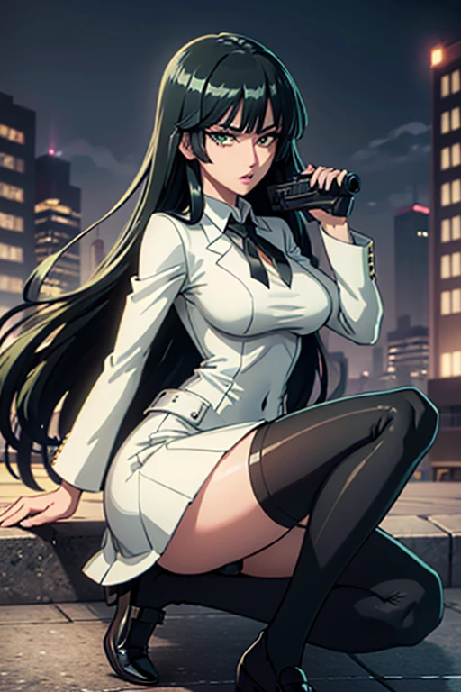 Highest quality、Ultra HD、One Woman、(Dark green long hair 1.3)、(White Suit 1.3)、(White tight skirt 1.3)、(Black tie)、(Black loafers 1.1)、((tall))、((Has a submachine gun))、(Large Breasts)、(Beautiful face with sharp eyes 1.2)、40-year-old woman、Slender body、(Night city background 1.2)、((Clear and beautiful touch))