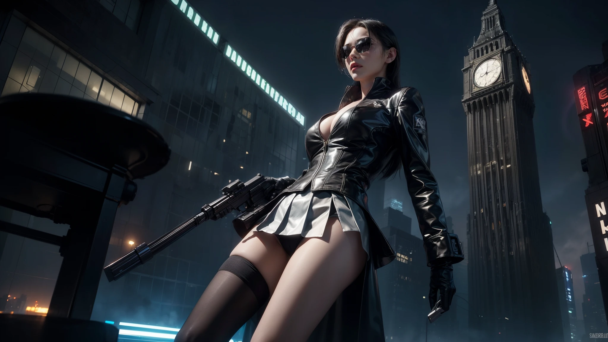 (Wide angle view). Matrix film inspired 1937 New York city, simple outlined neon tall buildings, glowing giant clock tower, cars, lightning, 3D rendering Beeple, Matrix-like glowing cascading code. At night, (1girl, solo, alone), photorealistic, medium-breast slim:0.6 body, oval:0.5 face, cleavage:1.1, sexy costume with deep-v, very low angle view of pleated miniskirt, white laced panty, ((upskirt)), glove, (Matrix style black micro sunglasses), ((aiming viewer with a short gun)), (half-body thigh level close-up shot), cinematic lighting, ray tracing.