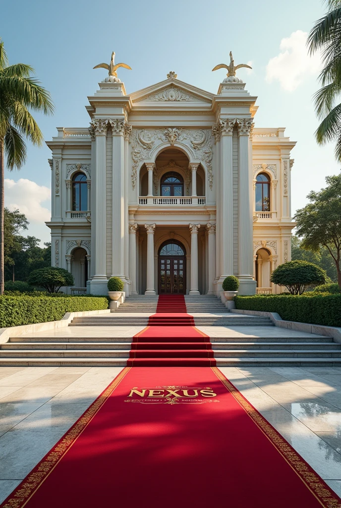 A wonderful and luxurious building with Singaporean architecture and the words Nexus Global Embassy exposed on a separate concrete with red carpet on the entrance with a good full view and angle
